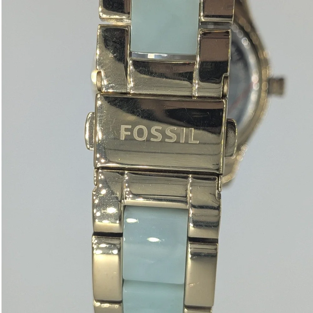 Fossil Stella Watch Women's Mint Green Gold Tone Acetate Crystal Wristwatch